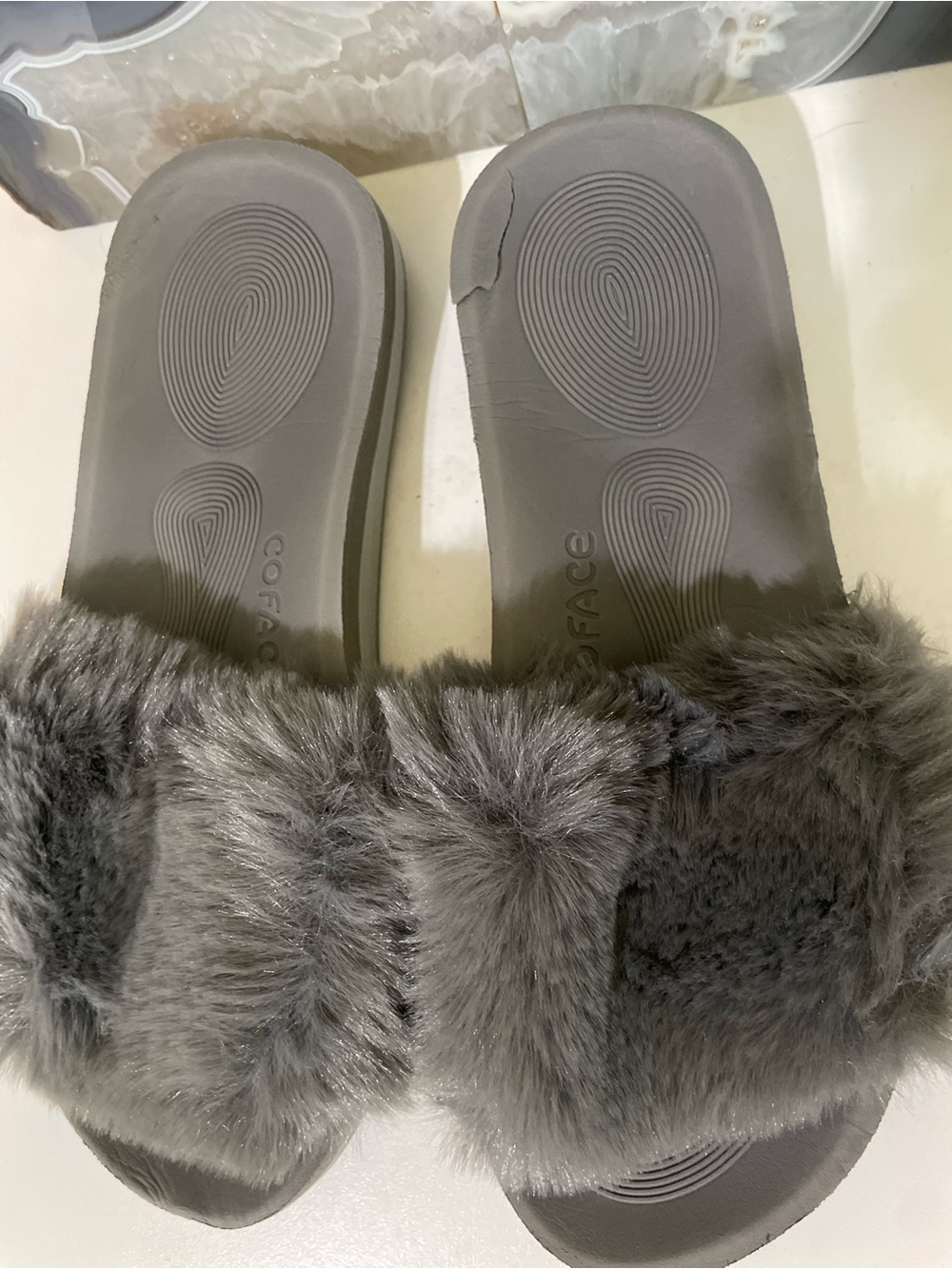 Gray Faux Fur Slide Sandals with Plush Strap